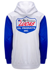 Lucas Oil Sub Hoodie In White And Blue - Back View